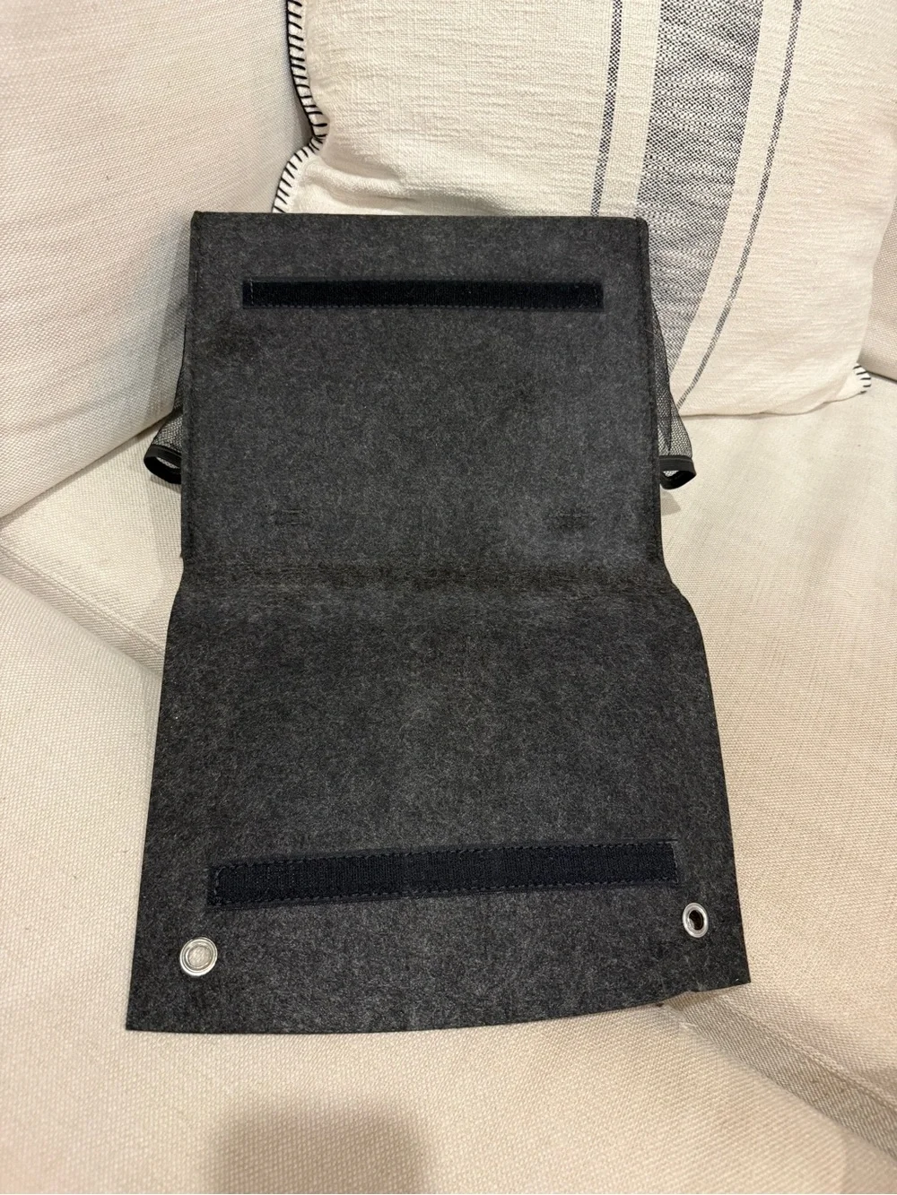 Dark Gray Felt Bedside Organizer with Brown Trim